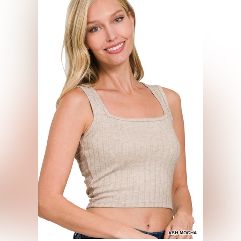 ZENANA RIBBED SQUARE NECK CROPPED SLEEVELESS TOP